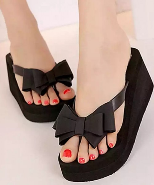 Women Fashion Platform Mid Heel Flip Flops Beach Sandals Bowknot Slippers Shoes