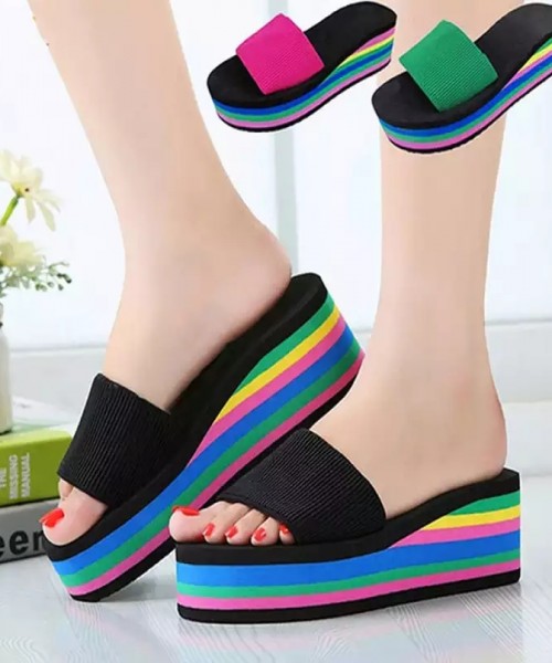 Women\'s Summer Rainbow Color Platform Wedge Beach Slippers Sandals High Heels