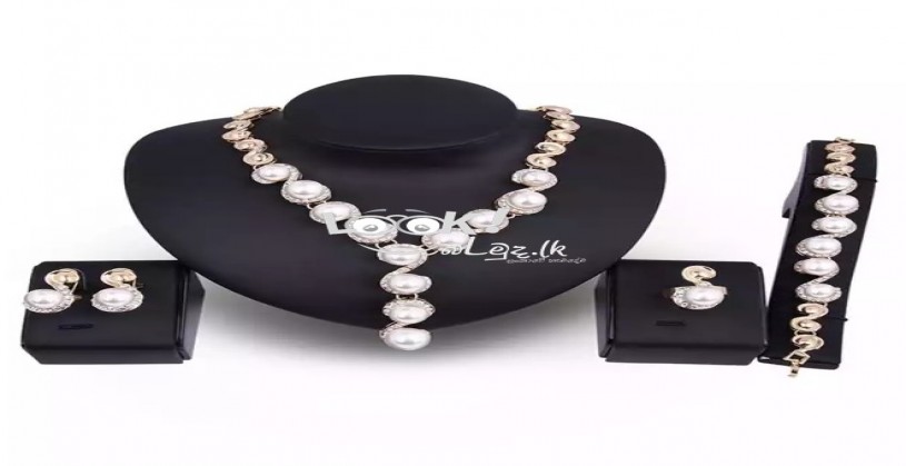 Women Pearl Inlaid Necklace Bracelet Stud Earrings Ring Jewelry Set