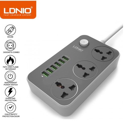 LDNIO 5V 3.4A 3 International Power Socket 6 USB Port Power Cord