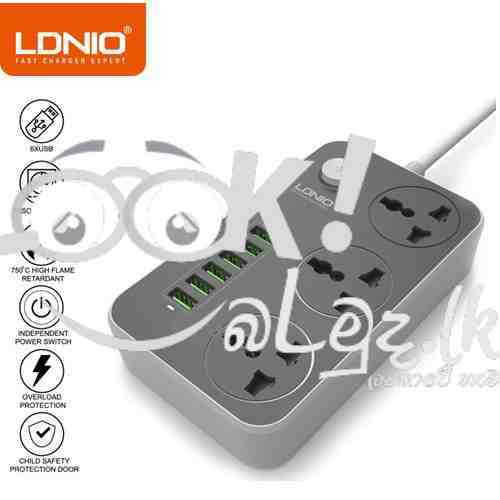 LDNIO 5V 3.4A 3 International Power Socket 6 USB Port Power Cord