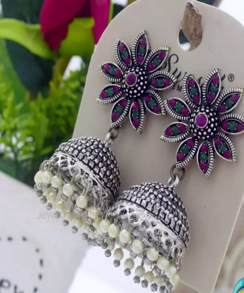 Black Silver Plated Jimikki Earrings Flower Design 